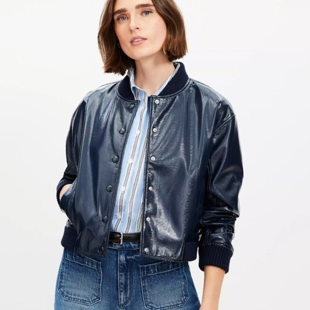 LOFT NEW Navy Blue Patent Vegan Leather Glossy Bomber Jacket SZ Large Y2K Sporty